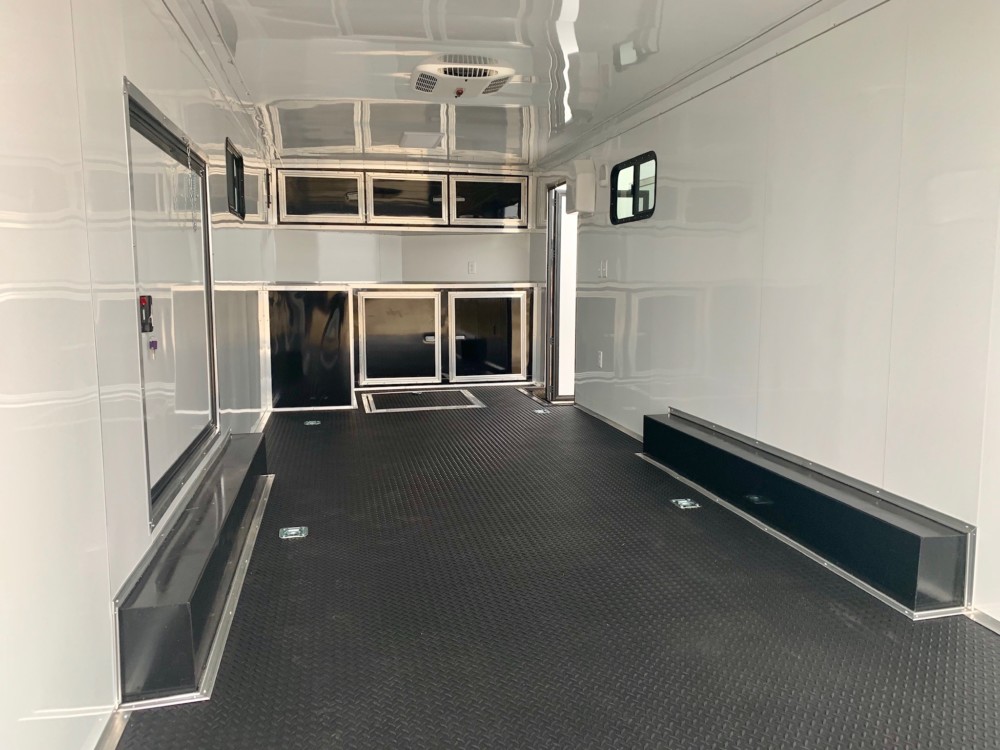 enclosed trailer interior, new walls, cabinets, floors and ceiling