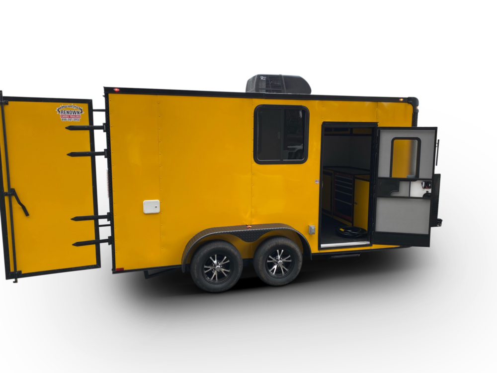 yellow pet grooming trailer two doors