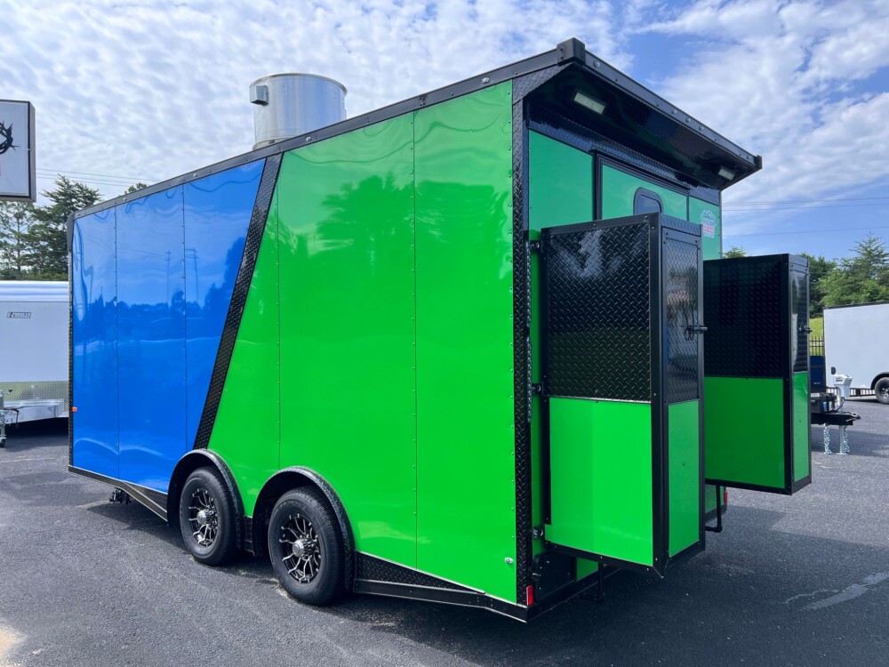 8.5 x 18 Food Trailer with Equipment | Green & Blue Two Tone Exterior