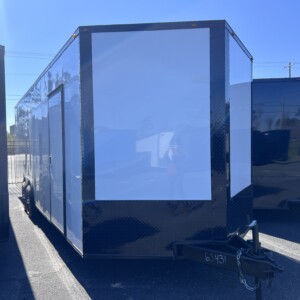 Deep South 8.5x24 white enclosed car hauler trailer with polycore exterior, blackout package, escape door, mag wheels, and tandem 5200 lb axles for Sale