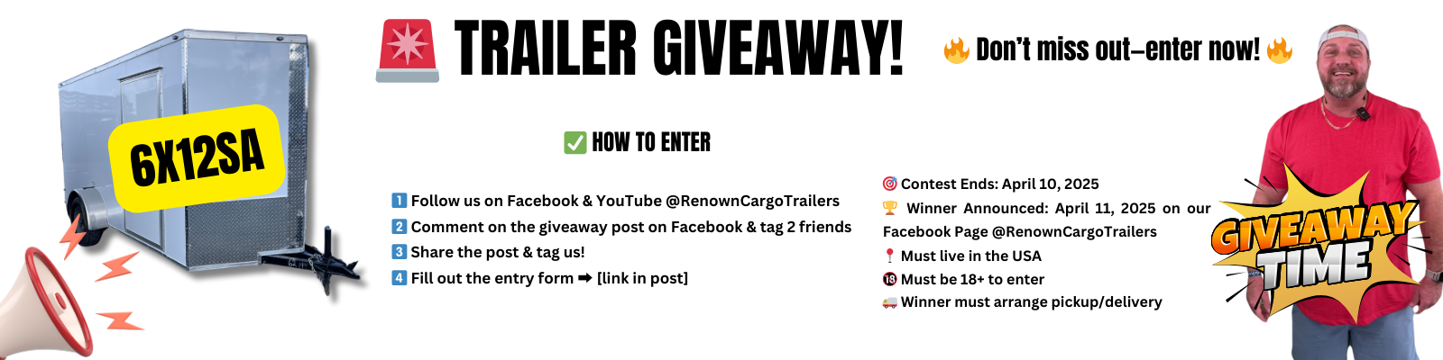 free trailer giveaway, renown cargo trailers, enclosed cargo trailers, banner