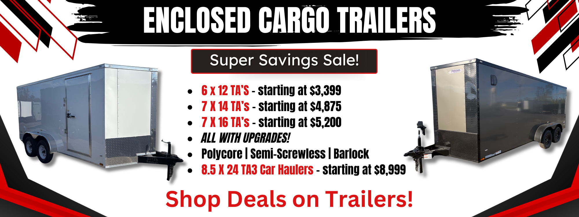 ENCLOSED CARGO TRAILERS FOR SALE, 7x14, 7x16, 8.5x24, renown cargo trailers, polycore