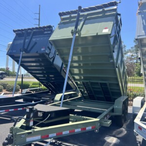 7x14 x 4ft Panther Cargo dump trailer with telescopic lift, barn doors, and 14-ply tires in Army Green