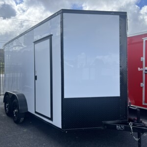 White Deep South 7x14 tandem axle enclosed cargo trailer with blackout package, alloy wheels, spoiler light, and Polycore semi-screwless exterior.