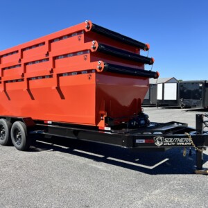 Southern Utility 7x16 roll-off dump trailer with black trailer, orange bins, three 14-foot containers, tarps, and barn doors.