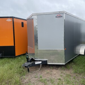 Silver Frost 7x16 tandem axle enclosed cargo trailer with .080 Polycore exterior, semi-screwless construction, V-nose design, and ramp door