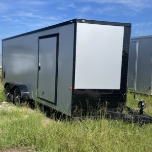 7x16 tandem axle enclosed cargo trailer with .080 Polycore exterior, blackout package, alloy wheels, V-nose design, and ramp door