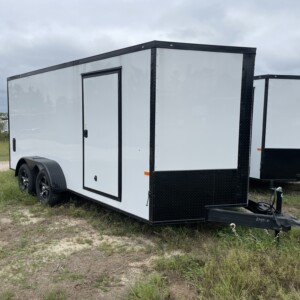 7x16 tandem axle enclosed cargo trailer with Polycore exterior, blackout package, alloy wheels, V-nose design, and ramp door