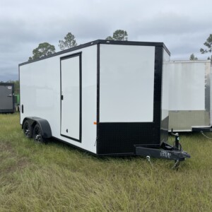 White 7x16 tandem axle enclosed cargo trailer with Polycore exterior, blackout package, alloy wheels, and semi-screwless construction