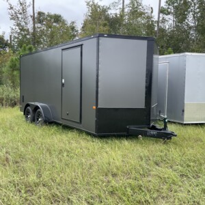 7x16 tandem axle enclosed cargo trailer with .080 Polycore exterior, semi-screwless construction, blackout package, alloy wheels, and V-nose design