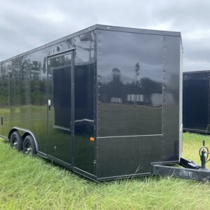 8.5x16 tandem axle enclosed cargo trailer with .080 Polycore exterior, blackout package, alloy wheels, and 7-foot interior height