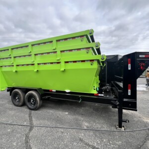 7x16 gooseneck roll-off dump trailer with lime green bins, three 14 foot containers, tarps, and 14K roll-off package
