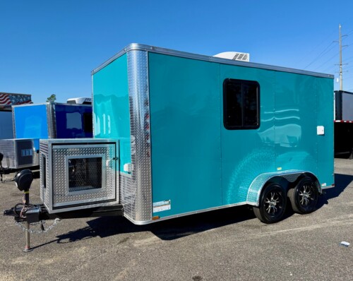 Genesis Series 7x14 pet grooming trailer in Water Blue with tandem axles, insulated interior, Flying Pig grooming tub, cabinets, and mobile pet salon features.