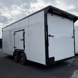 Deep South 8.5x20 enclosed cargo trailer with white Polycore exterior, blackout package, alloy wheels, rear spoiler with LED light, and escape door.