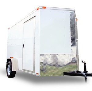 Diamond Cargo 6x12 enclosed cargo trailer with Polycore exterior, V-nose design, ramp door, LED lights, and silver modular wheels.