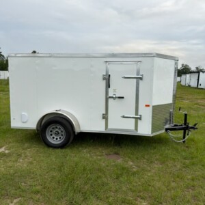 White Rock Solid Cargo 5x10 single axle enclosed cargo trailer with factory side door, bar lock, V-nose design, and ramp door