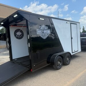 7x16 Black Out Polycore Tandem Axle Motorcycle Trailer with E-Track and Harley decals