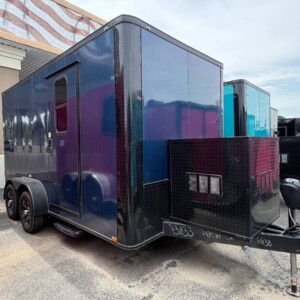 7x14 Indigo Blue Genesis Series Pet Grooming Trailer with Blackout package and 50 inch Flying Pig tub