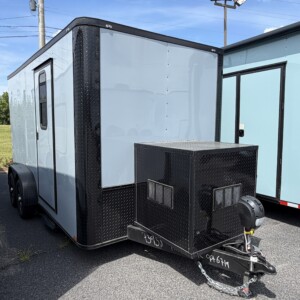 7x14 Genesis Series pet grooming trailer with Polar Silver exterior, blackout package, generator box, upgraded flooring, and professional mobile grooming setup.