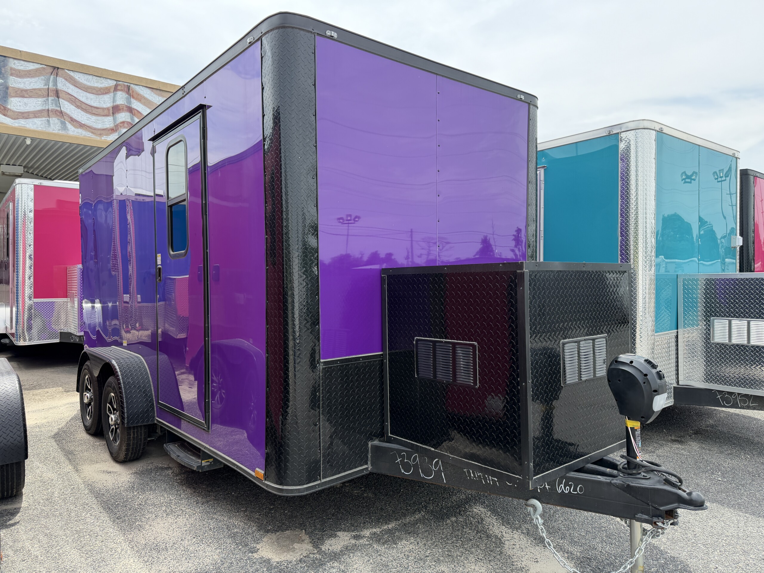 7x14 Purple Genesis Series Pet Grooming Trailer with Blackout package and 50 inch Flying Pig tub for sale.