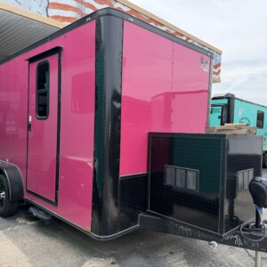 7x14 Hot Pink Genesis Series Pet Grooming Trailer with Blackout package and 50 inch Flying Pig tub