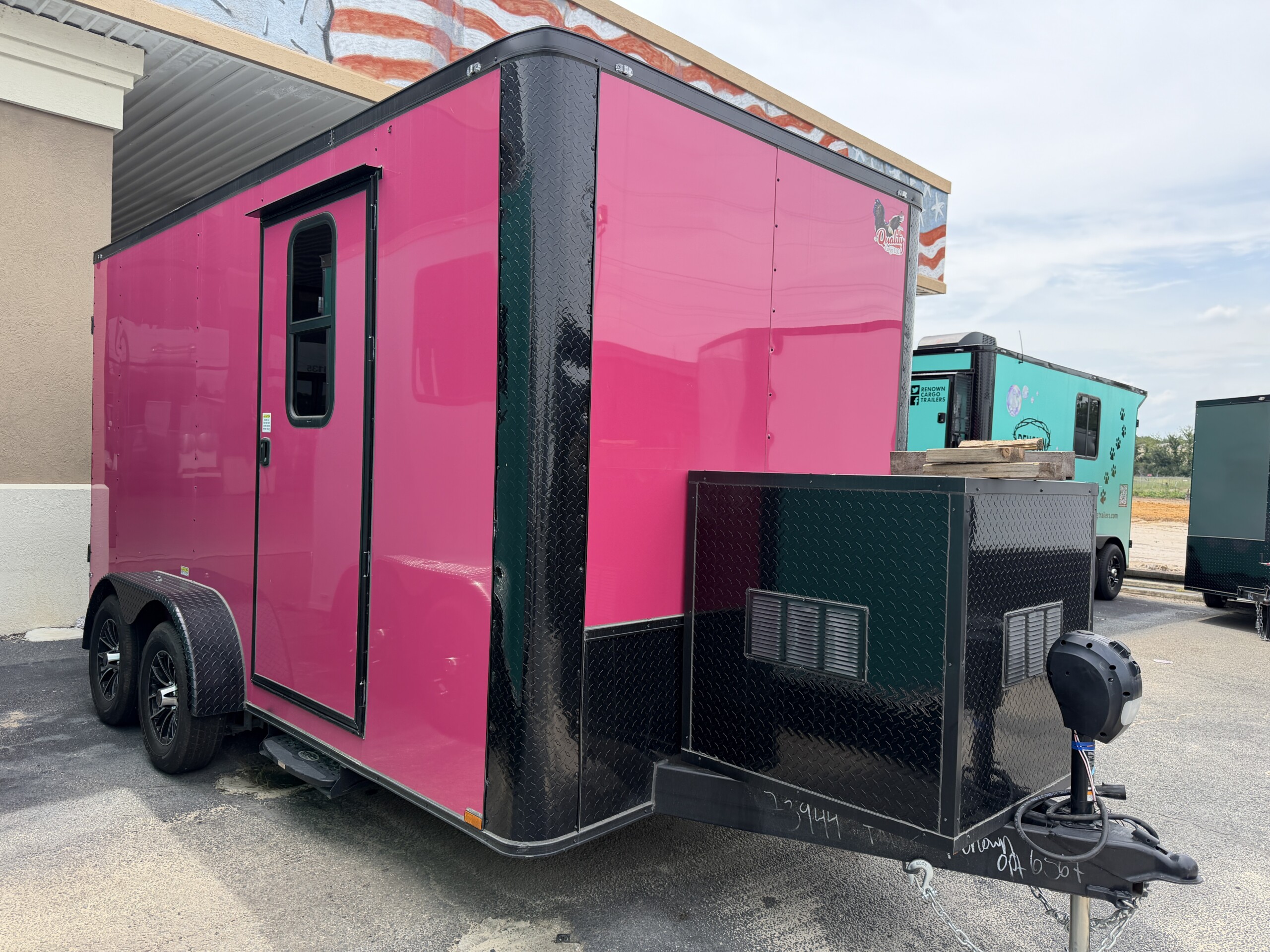 7x14 Hot Pink Genesis Series Pet Grooming Trailer with Blackout package and 50 inch Flying Pig tub