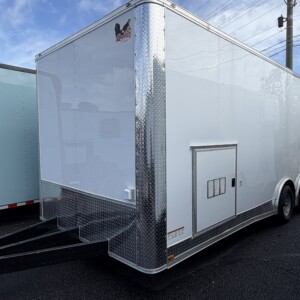 White Quality Cargo 8.5x22 enclosed race trailer with flat front design, spread torsion axles, generator box, ATP flooring, rear wing, and 50 AMP electrical package.