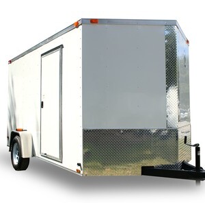 Diamond Cargo 7x12 enclosed trailer with 7 foot interior height, Polycore exterior, side door, ramp door, and silver modular wheels.