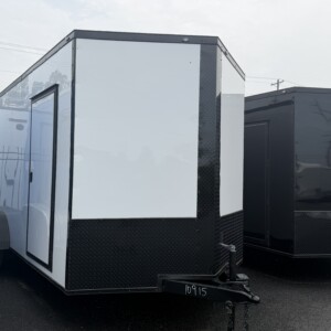 Deep South Cargo 7x16 enclosed cargo trailer with white Polycore exterior, blackout package, alloy wheels, spoiler with LED light, and 7 foot interior height.