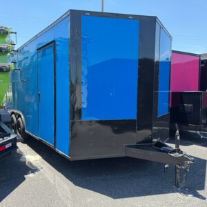 J&C Cargo 8.5x20 enclosed cargo trailer with blue poly exterior, blackout package, 5200 lb axles, RV side door, and rear ramp door.