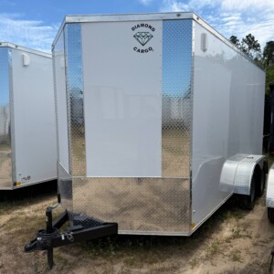 Diamond Cargo 7x14 tandem axle enclosed trailer with 7 foot interior height, electric brakes, side door, ramp door, and Polycore exterior.