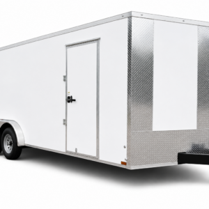 White 8.5x18 tandem axle enclosed cargo trailer with side door and diamond plate front on white background
