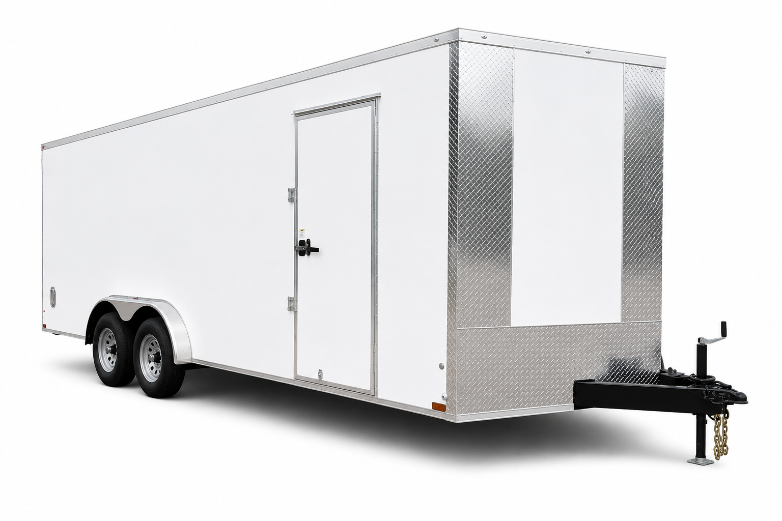 White 8.5x18 tandem axle enclosed cargo trailer with side door and diamond plate front on white background