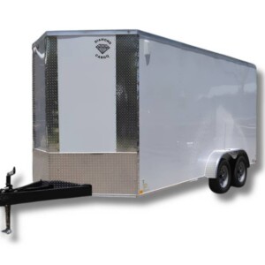 Diamond Cargo 7x16 tandem axle enclosed trailer with 7 foot interior height, Polycore exterior, side door, ramp door, electric brakes, and silver modular wheels.