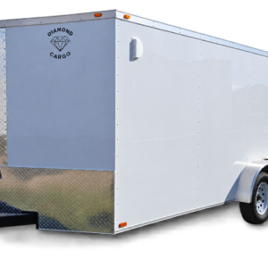 White Diamond Cargo tandem-axle enclosed trailer shown from the front passenger-side angle, featuring a glossy white exterior, aluminum diamond-plate front protection, silver trim, tandem wheels and fenders, and Diamond Cargo logo