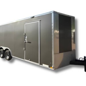 Diamond Cargo 8.5x20 tandem axle enclosed trailer with 7 foot interior height, Polycore exterior, ramp door, electric brakes, and silver modular wheels.