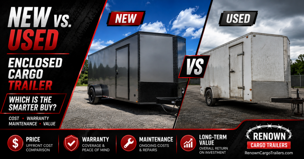 Comparison of a new enclosed cargo trailer versus a used enclosed cargo trailer highlighting cost, warranty, maintenance, and long-term value.