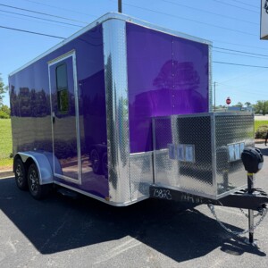 Purple Genesis Series 7x14 pet grooming trailer with chrome trim, Flying Pig tub, generator compartment, alloy wheels, water tanks, and mobile grooming setup.