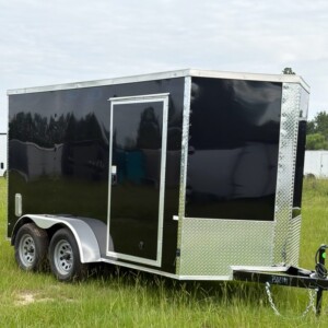7x16 Black Polycore Tandem Axle Enclosed Cargo Trailer with semi-screwless exterior and aluminum sidewall vents for sale.