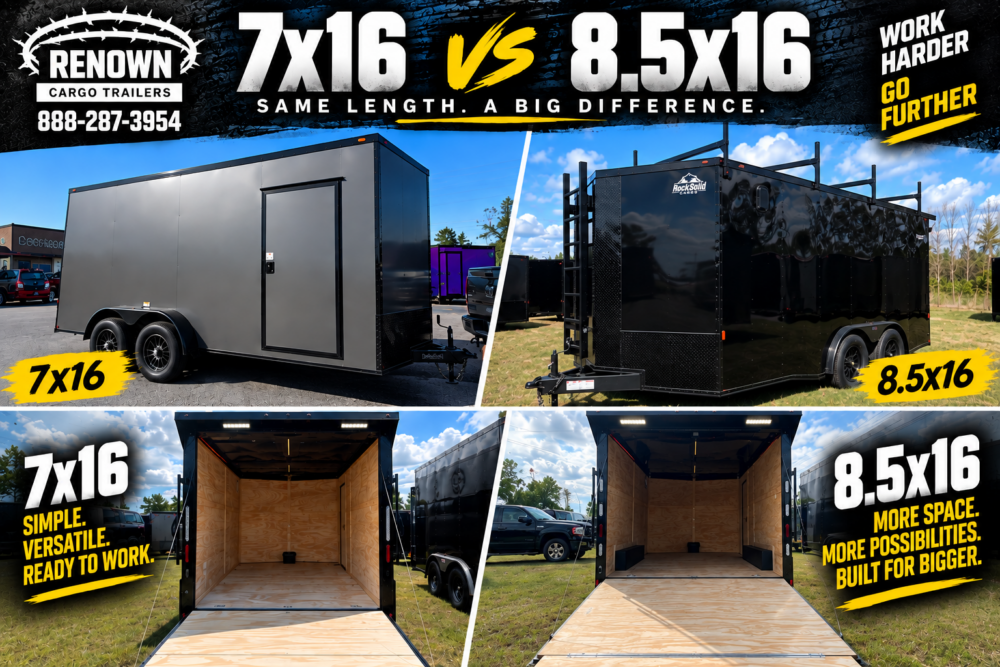 7x16 and 8.5x16 enclosed cargo trailers compared at Renown Cargo Trailers in Douglas, Georgia