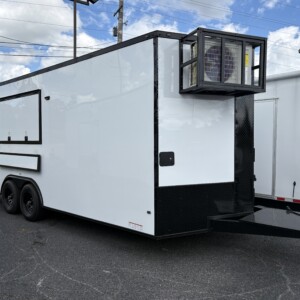 White ALPHA 8.5x20 tandem axle concession food trailer with blackout exterior package and serving window.