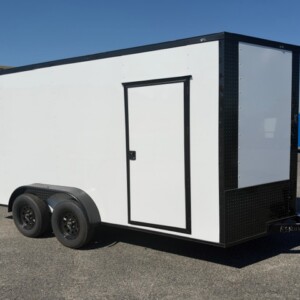 White J&C Cargo 7x14 tandem axle enclosed cargo trailer with blackout trim, black modular wheels, Poly exterior and rear spoiler,