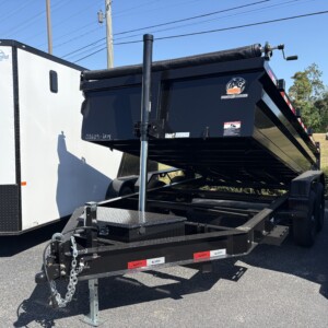 Panther Cargo 7x14 tandem axle 14K dump trailer with 2-foot steel sides, heavy-duty steel dump bed, rear barn doors and tarp system.