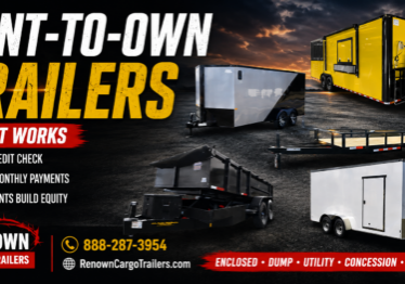 Rent-to-own trailers with no credit check including enclosed cargo trailers, dump trailers, utility trailers, and concession trailers from Renown Cargo Trailers.
